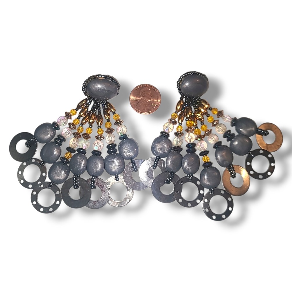 Vintage 1980s Chipita Beaded Chandelier Earrings Gray Copper Pierced - Picture 3 of 3